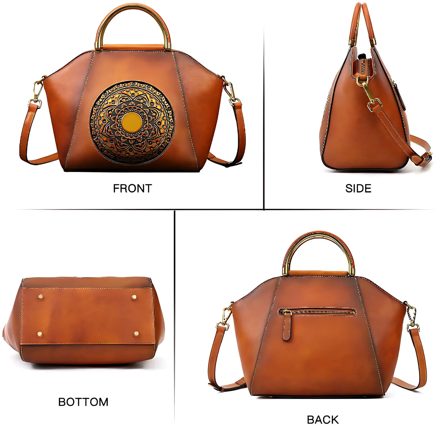 Brown leather handbag with gold round handle and embossed mandala design shown from front, side, bottom, and back