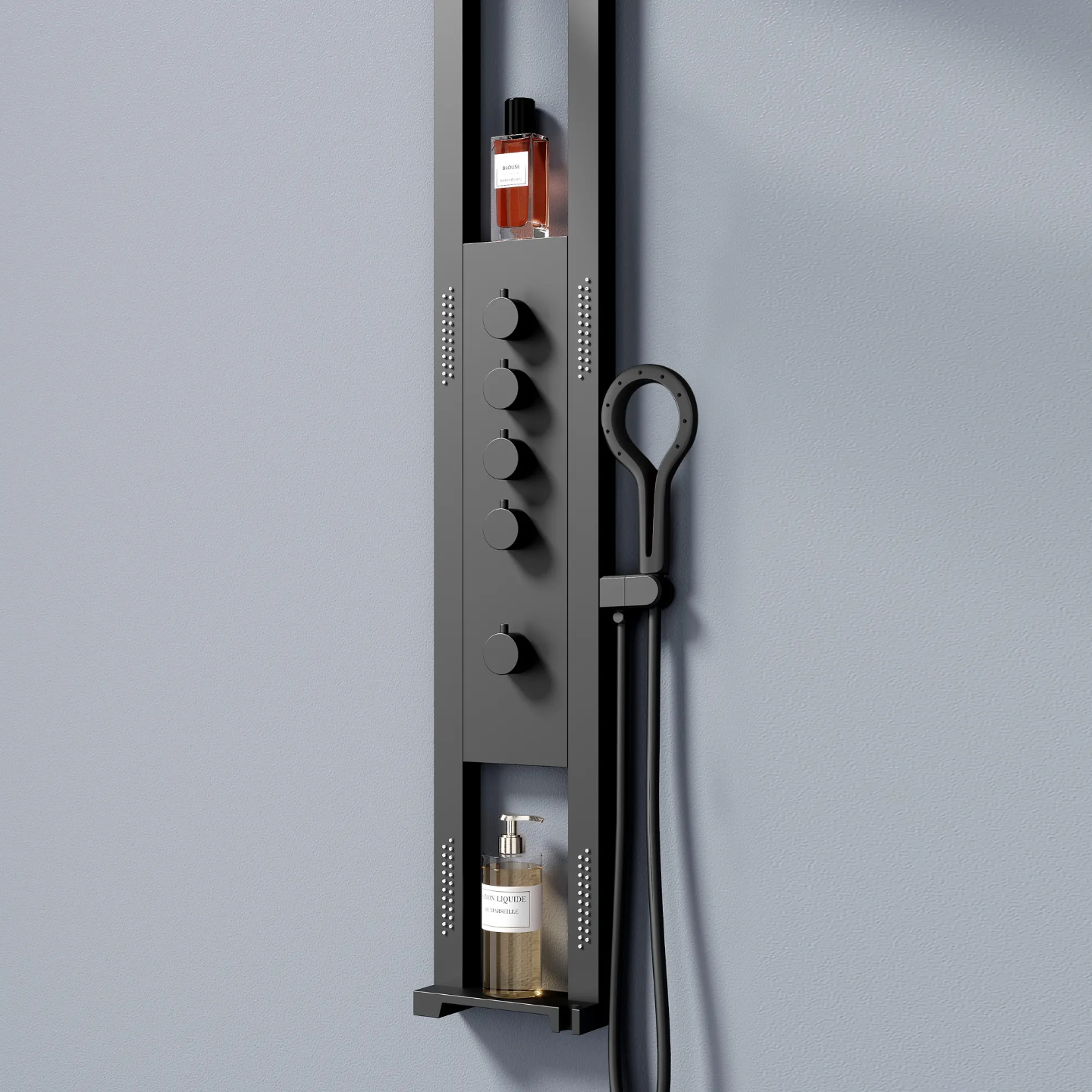 Modern black shower panel with five control knobs, built-in shelves holding bath products, mounted on gray wall