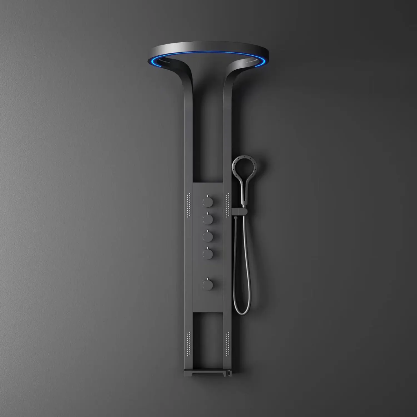 Modern black wall-mounted shower panel with handheld shower and blue LED ring light