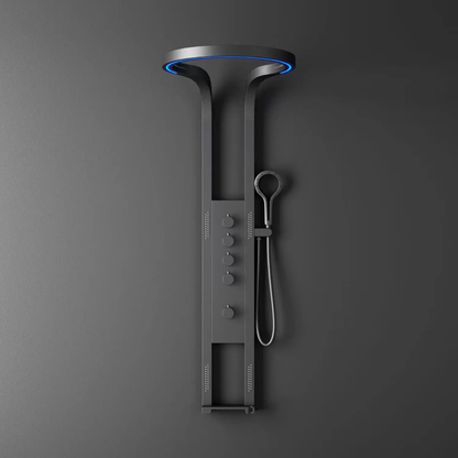 Modern black wall-mounted shower panel with handheld shower and blue LED ring light