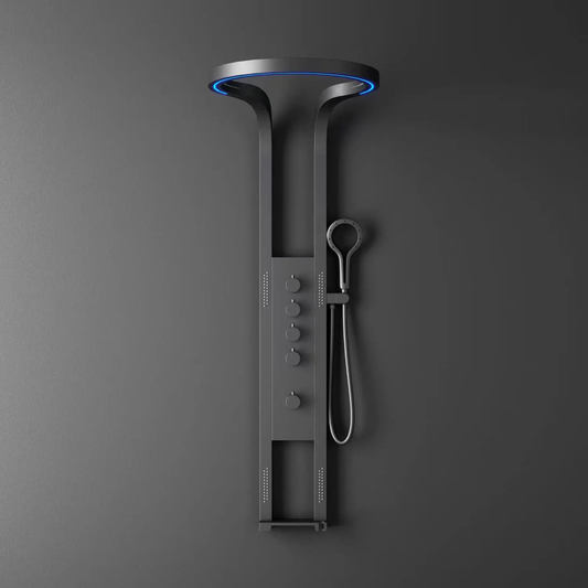 Modern black wall-mounted shower panel with handheld shower and blue LED ring light