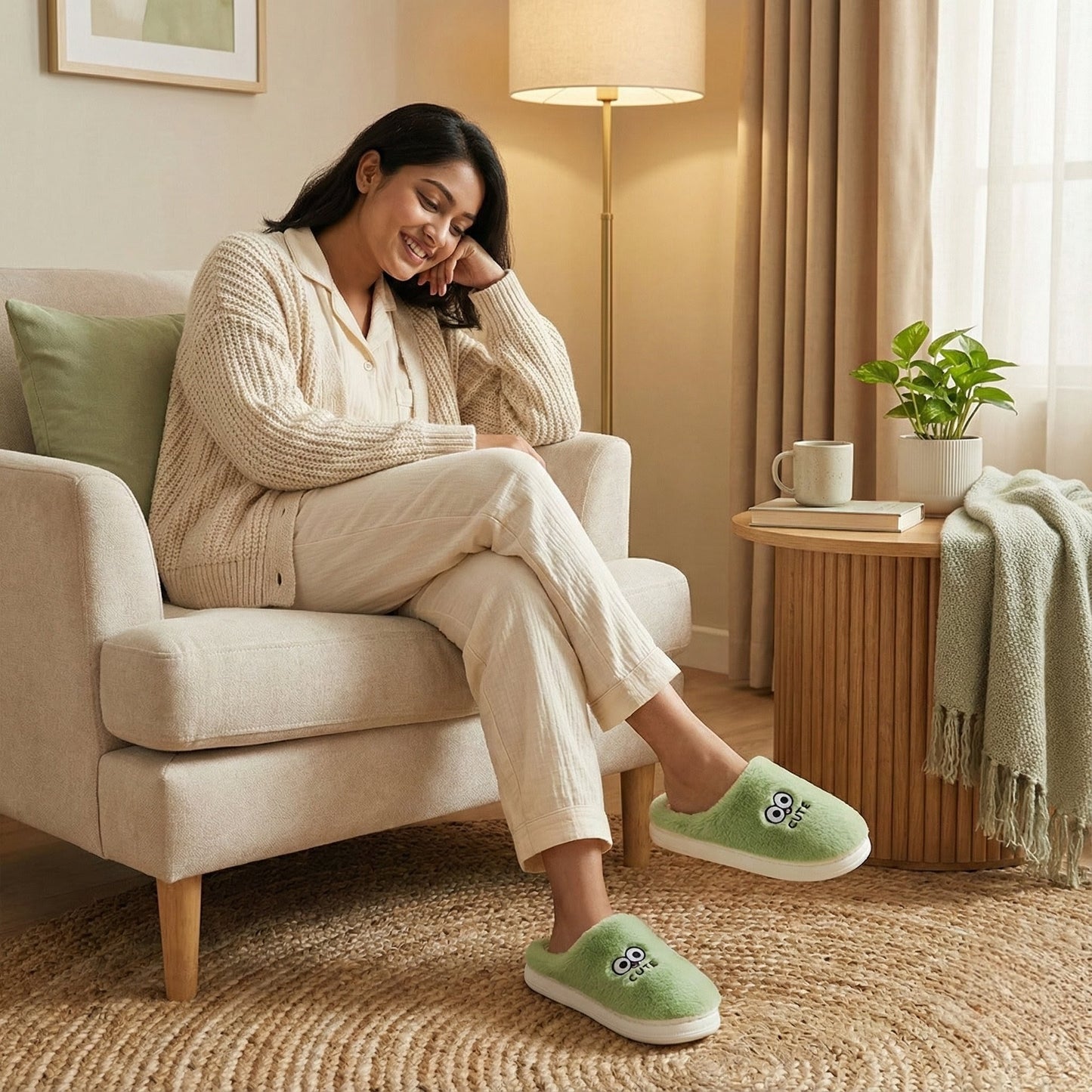 Women’s Winter Home Slippers – Soft Green Furry Comfort Shoes in BD