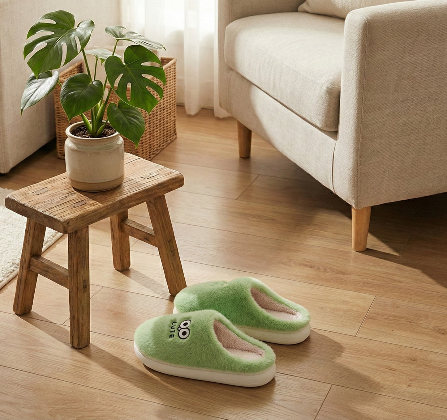 Women’s Winter Home Slippers – Soft Green Furry Comfort Shoes in BD