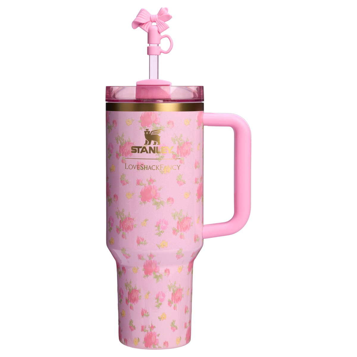 Pink Stanley LoveShackFancy floral travel tumbler with handle and decorative bow straw