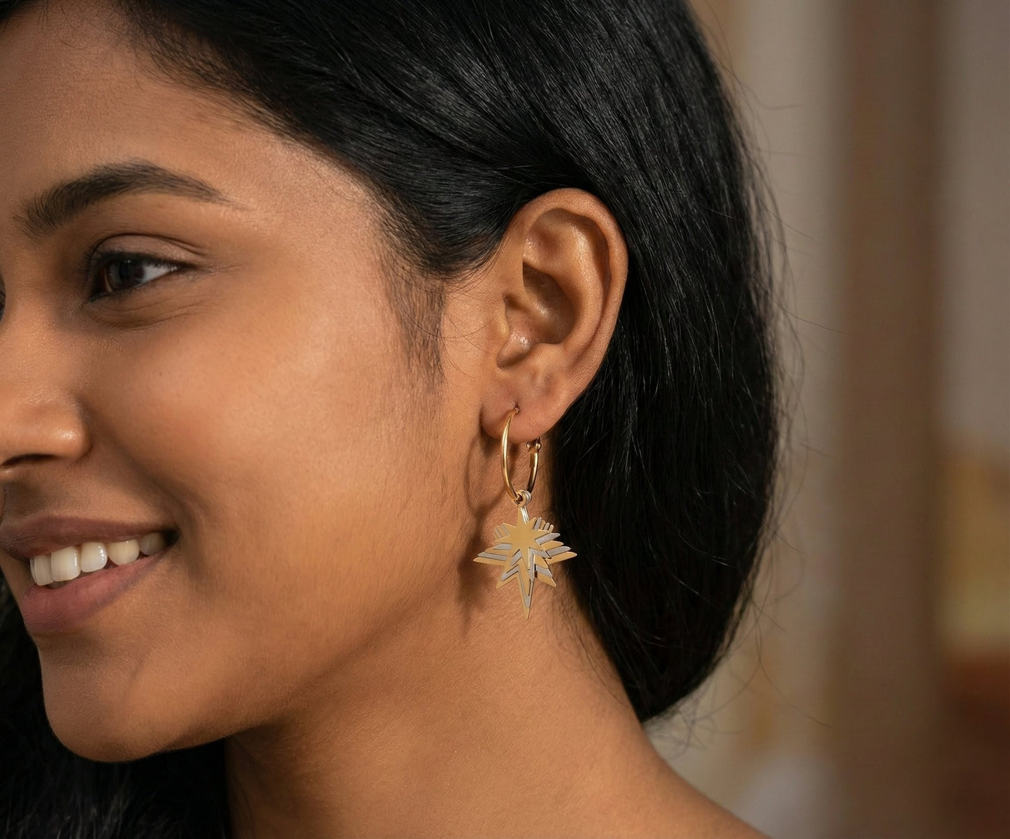 Premium Gold Starburst Dangle Hoop Earrings for Women – Trendy Party & Daily Wear