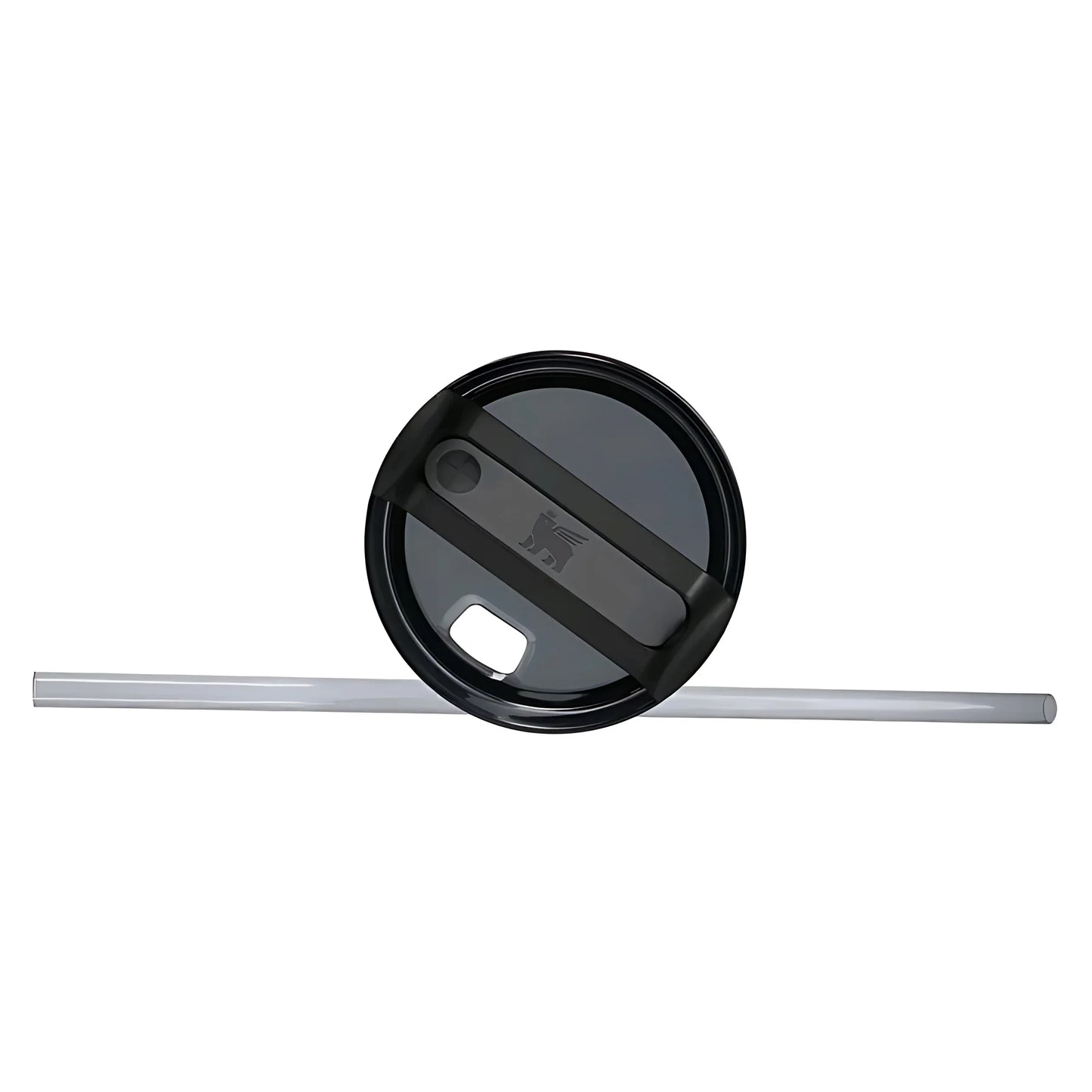 Black plastic travel mug lid with sliding cover and attached white reusable straw