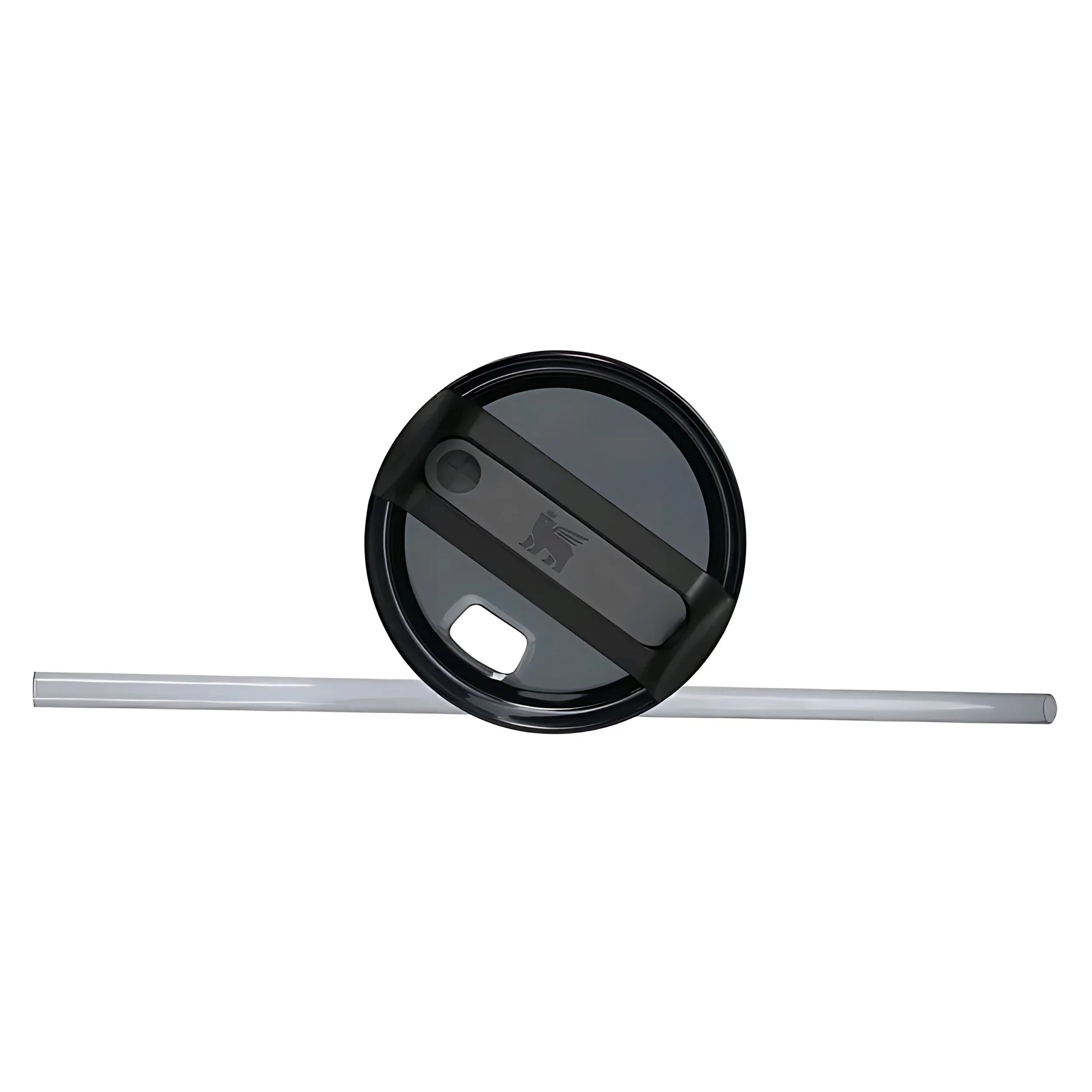 Black plastic travel mug lid with sliding cover and attached white reusable straw
