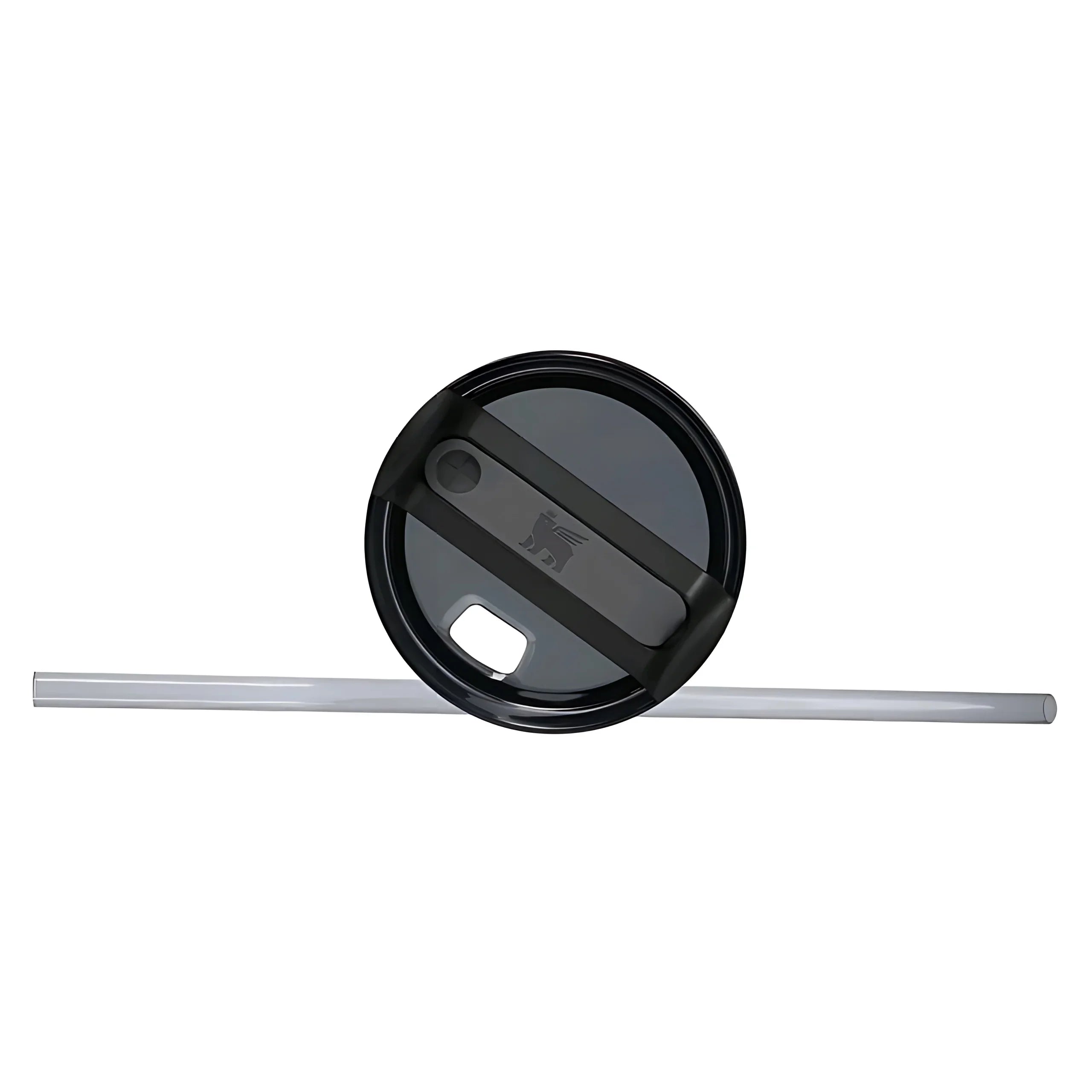 Black plastic travel mug lid with sliding cover and attached white reusable straw