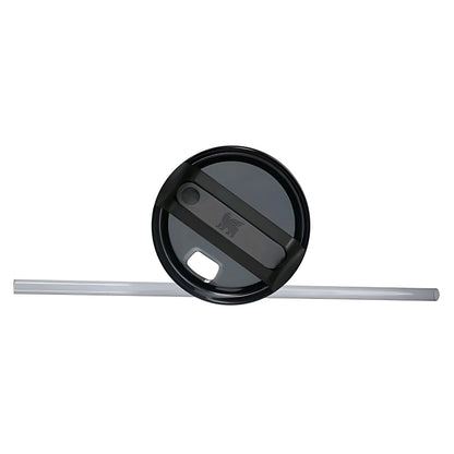 Black plastic travel mug lid with sliding cover and attached white reusable straw
