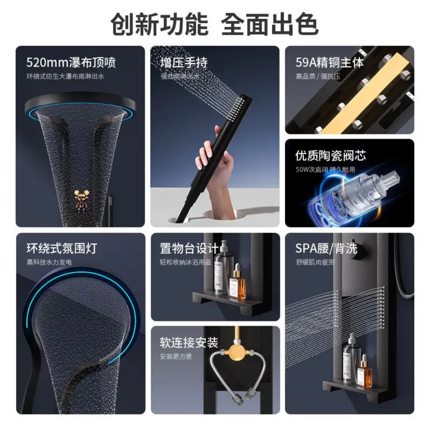 Innovative black bathroom shower panel with 520mm rainfall showerhead, handheld sprayer, brass core, LED ring light, storage shelf, and flexible hose