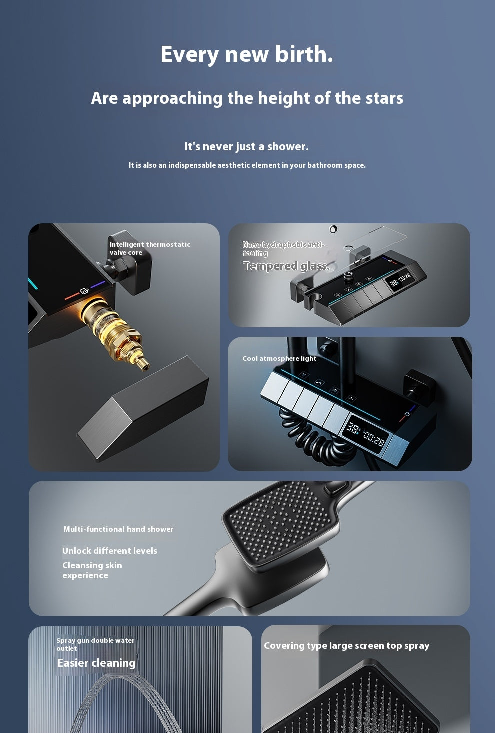 High-tech digital bathroom shower system with thermostatic valve, tempered glass panel, LED lights, multi-functional hand shower, and top spray