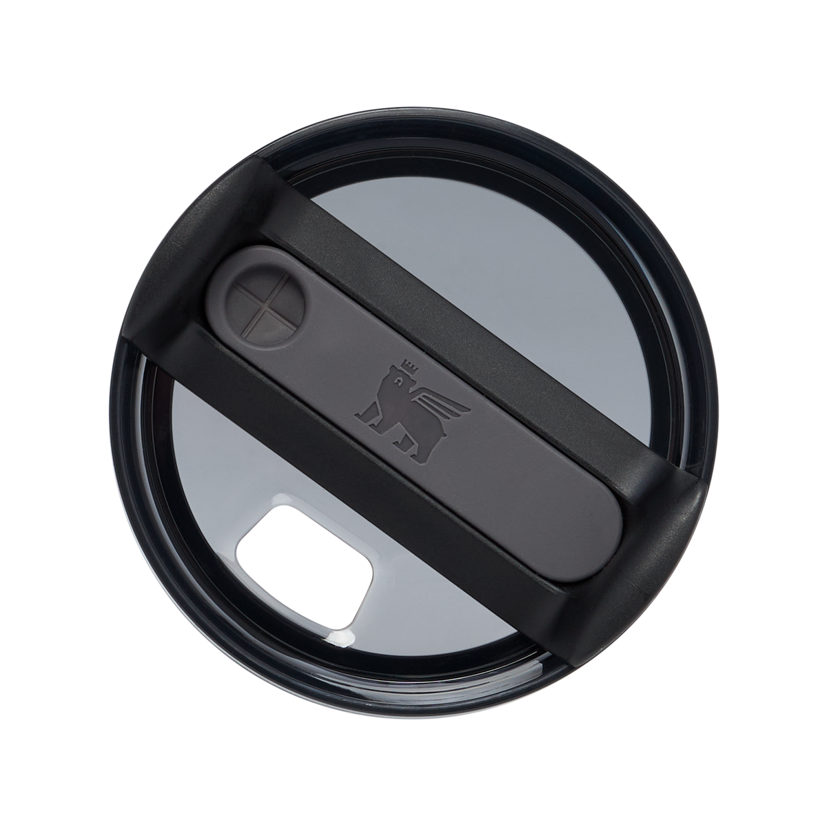 Black and grey travel mug lid with sliding closure and embossed winged lion logo
