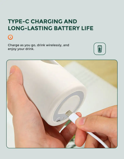 Hands plugging a Type-C charger into a white wireless drink container for long-lasting battery life