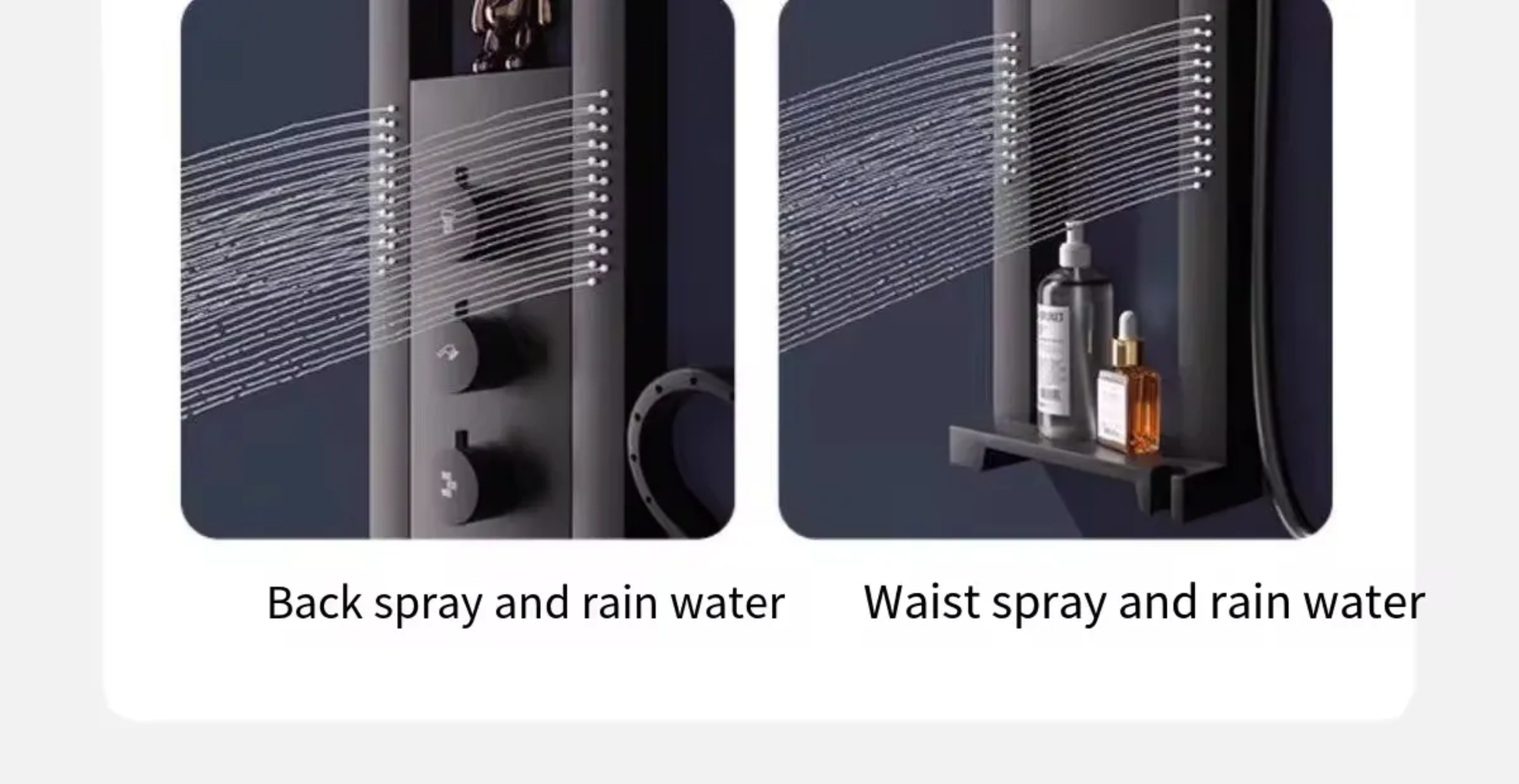 Modern black shower panel with back spray and waist spray alongside rain water feature