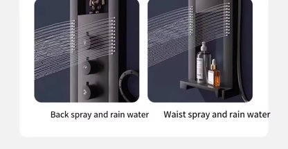 Modern black shower panel with back spray and waist spray alongside rain water feature
