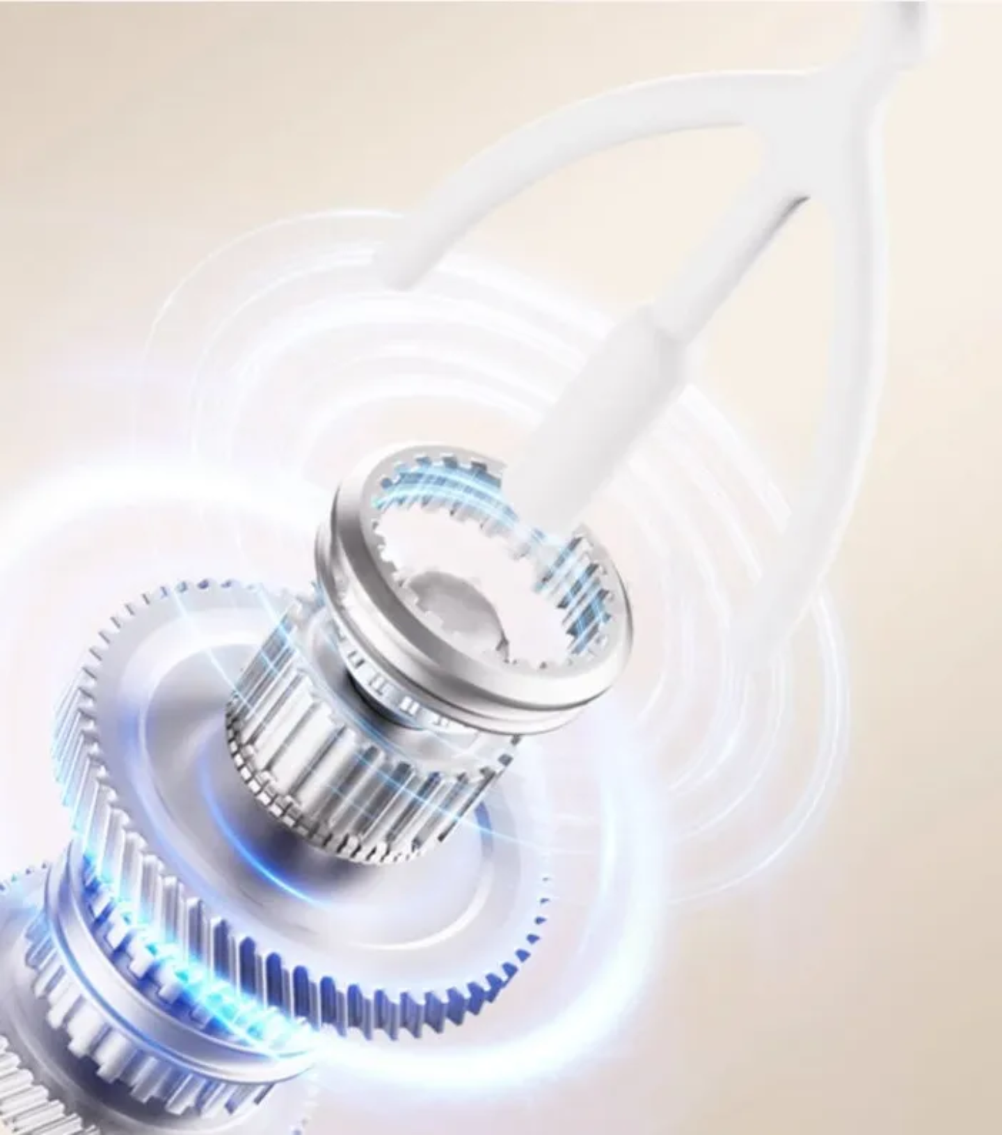 Close-up of a metallic gear mechanism with blue energy rings and a white tool interacting with the top gear