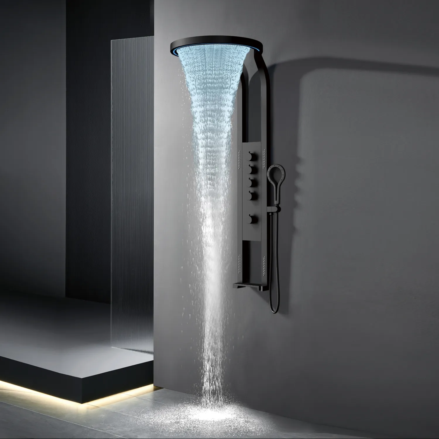 Modern black wall-mounted waterfall shower panel with overhead rain shower and handheld spray