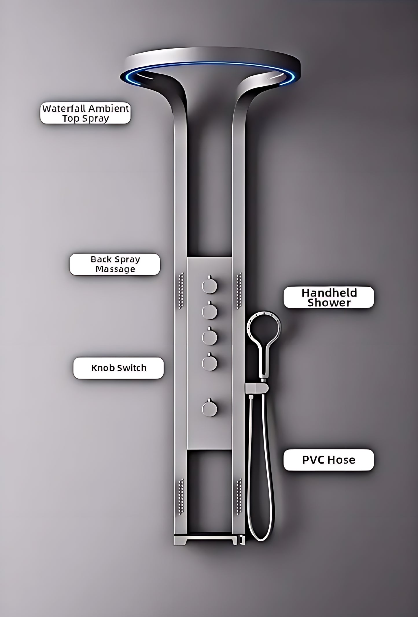 Modern shower panel with waterfall top spray, back spray massage, knob switches, handheld shower, and PVC hose