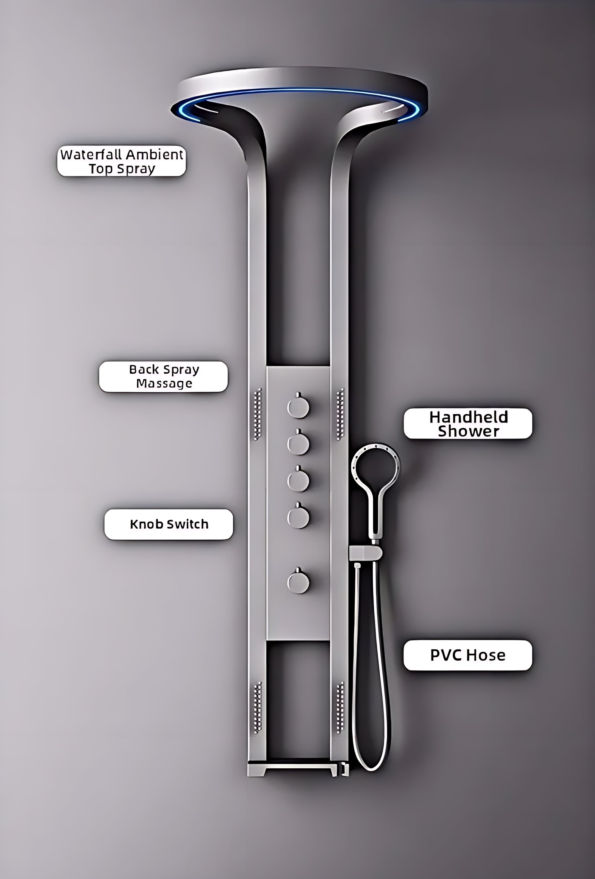 Modern shower panel with waterfall top spray, back spray massage, knob switches, handheld shower, and PVC hose
