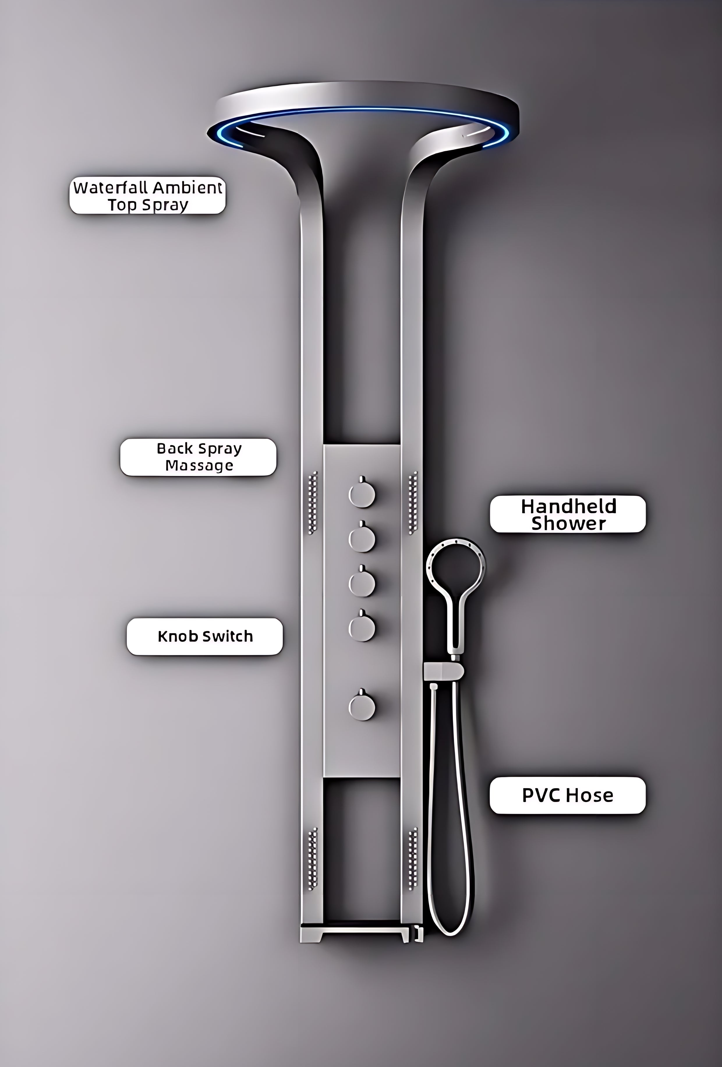 Modern shower panel with waterfall top spray, back spray massage, knob switches, handheld shower, and PVC hose