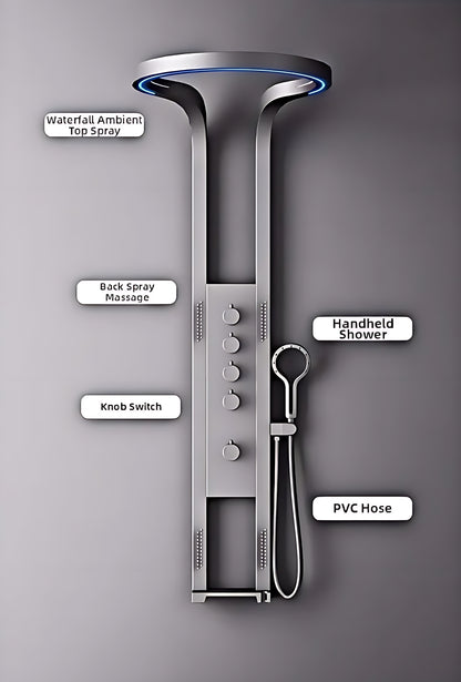 Modern shower panel with waterfall top spray, back spray massage, knob switches, handheld shower, and PVC hose