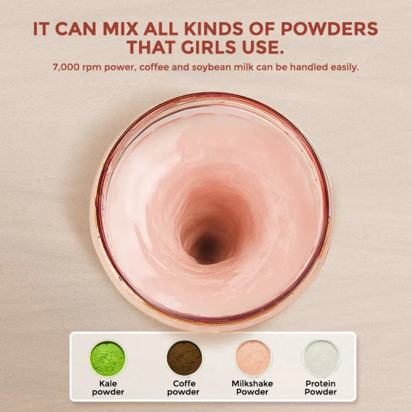 Top view of pink smoothie in glass blending kale, coffee, milkshake, and protein powders