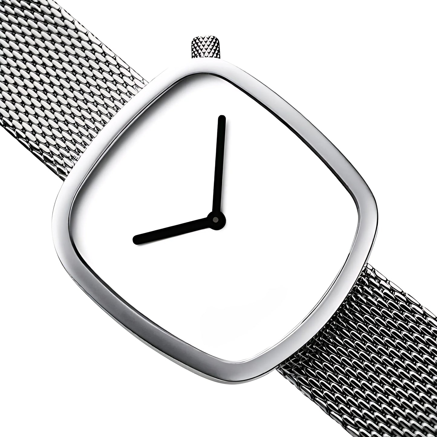 Minimalist silver wristwatch with mesh band and white dial showing 9:00