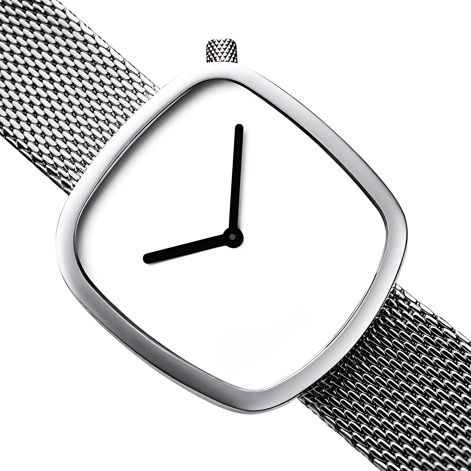 Minimalist silver wristwatch with mesh band and white dial showing 9:00
