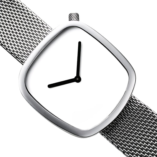 Minimalist silver wristwatch with mesh band and white dial showing 9:00