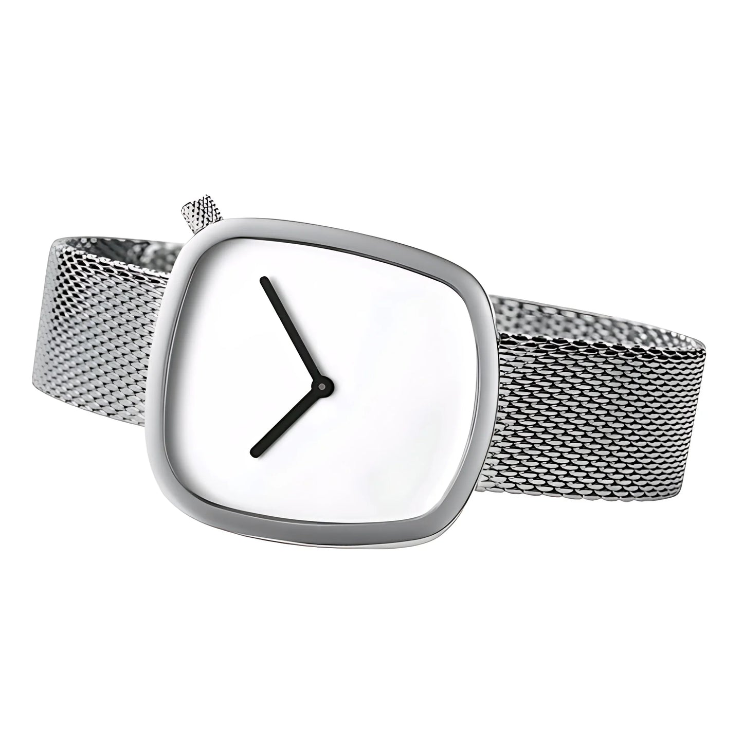 Modern silver wristwatch with square white dial and black hands, metal mesh strap