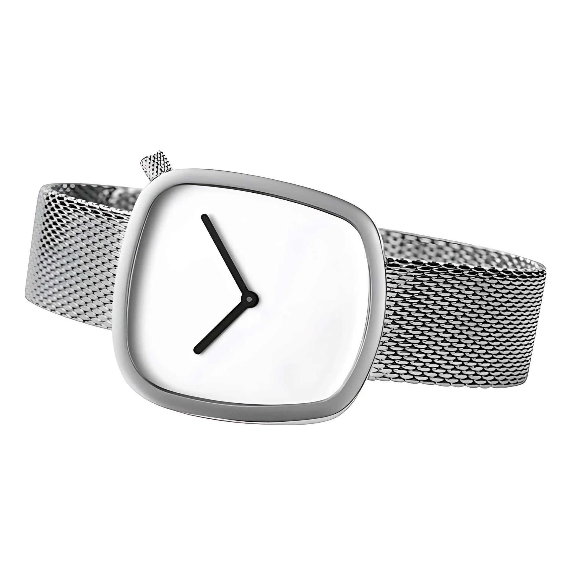 Modern silver wristwatch with square white dial and black hands, metal mesh strap