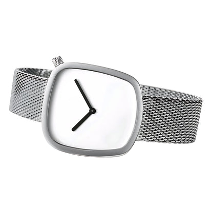 Modern silver wristwatch with square white dial and black hands, metal mesh strap