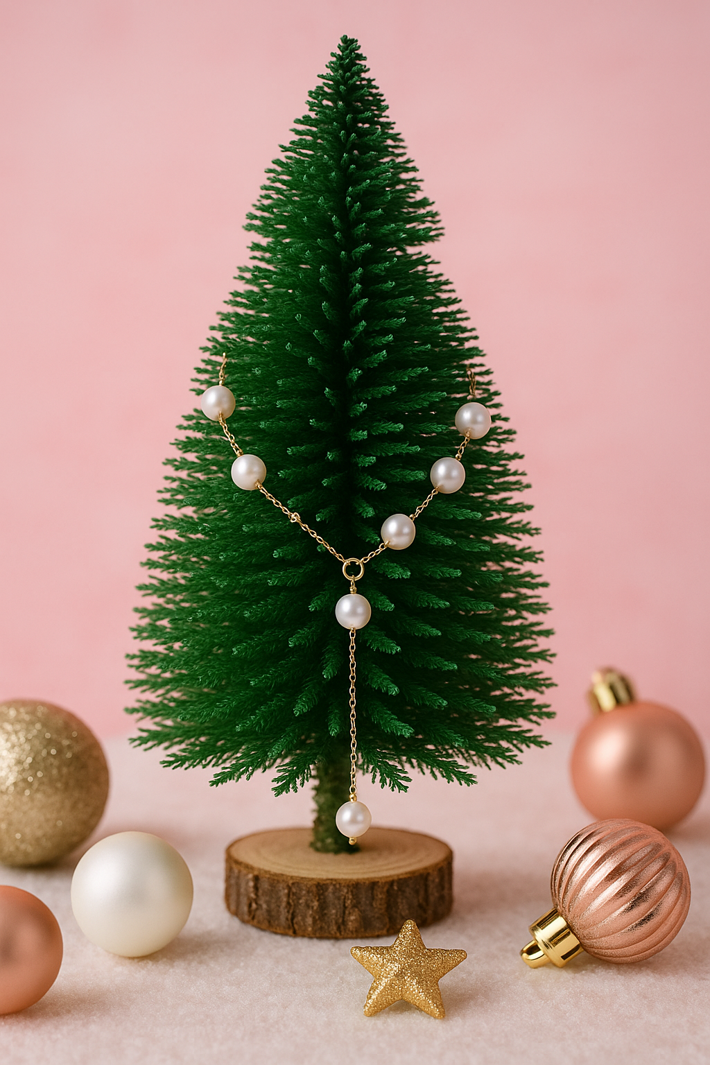 Green miniature Christmas tree on wood base with pearl and gold chain necklace, surrounded by gold and pink ornaments