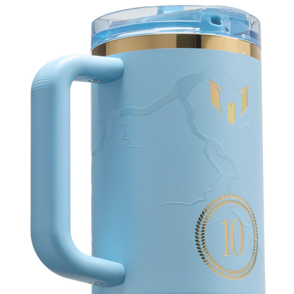 Blue insulated travel mug with textured handle, gold accents, and embossed design
