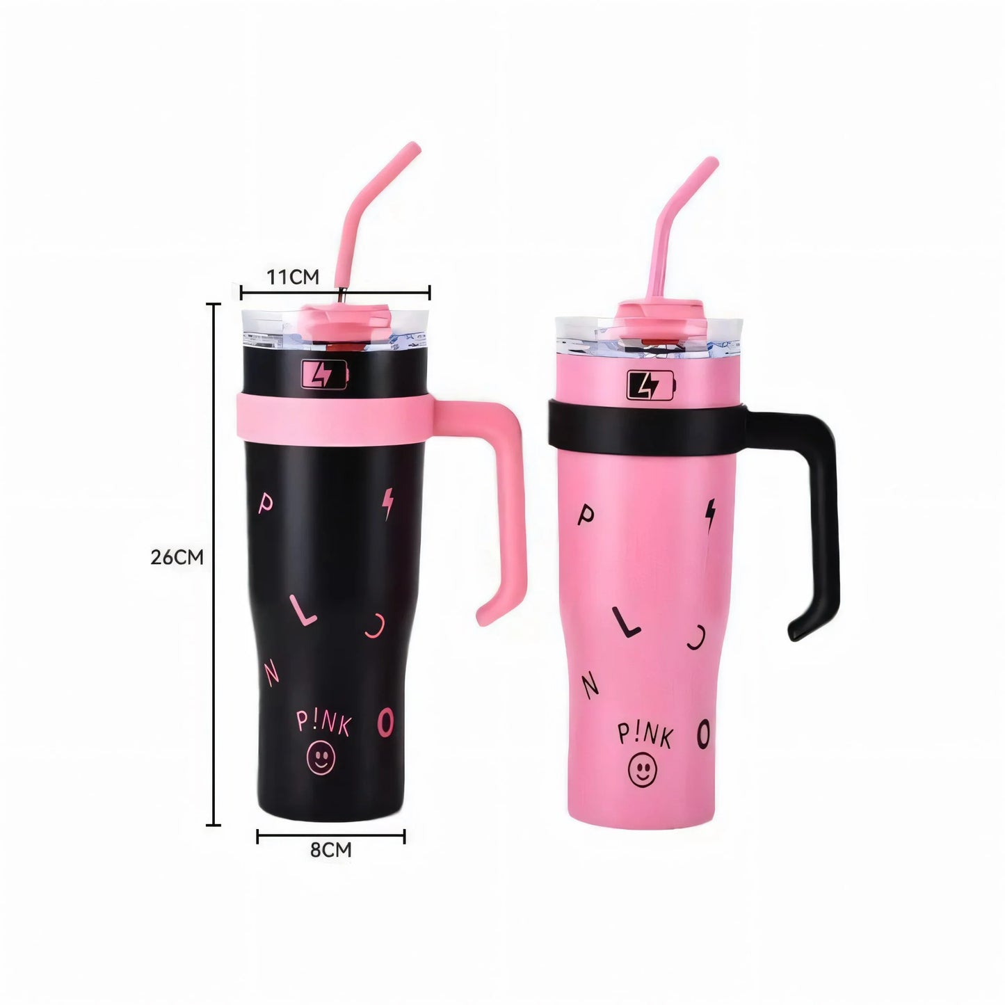 Two pink and black insulated mugs with handles and straws, featuring playful letters and smiley design