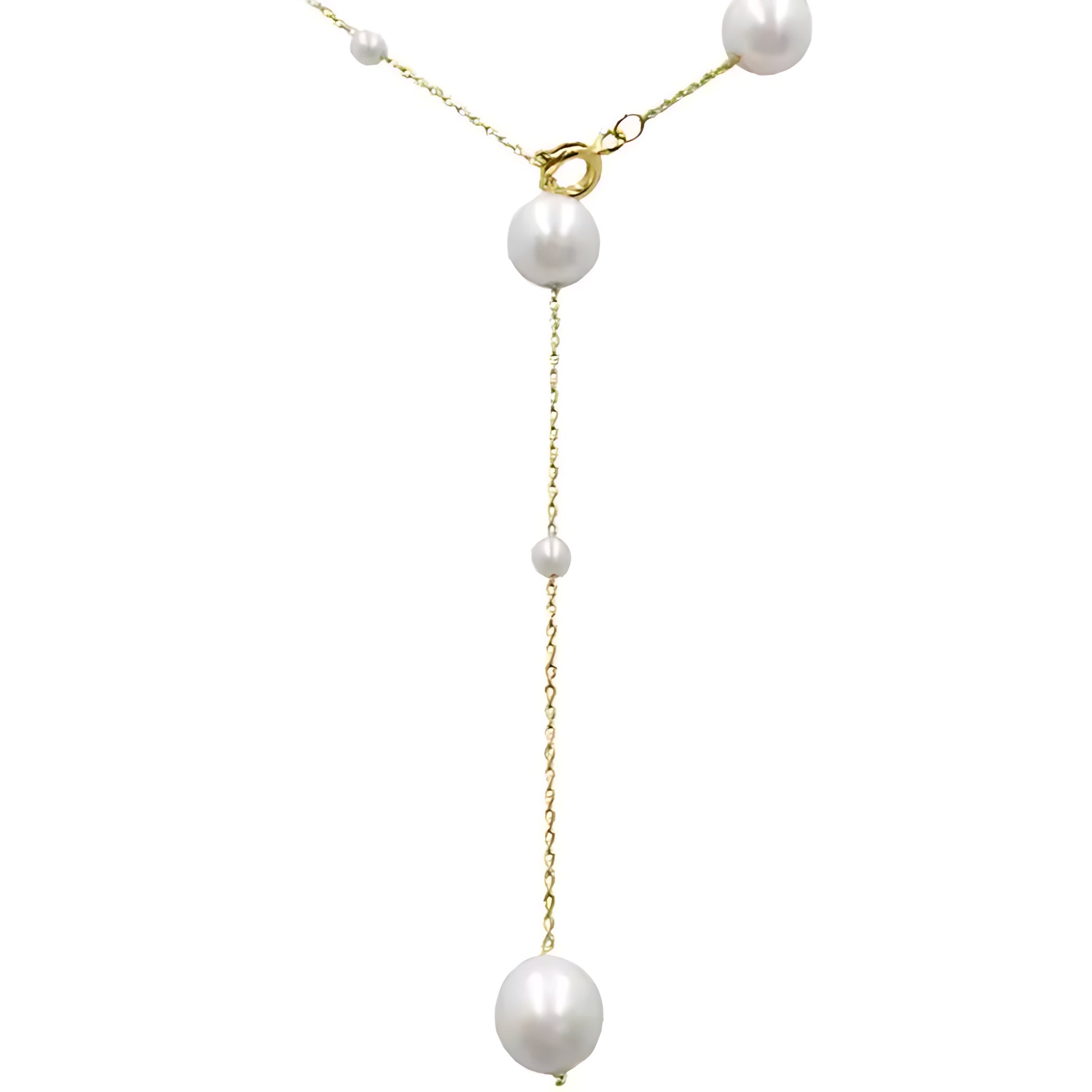 Elegant gold chain necklace with multiple white pearls on white background