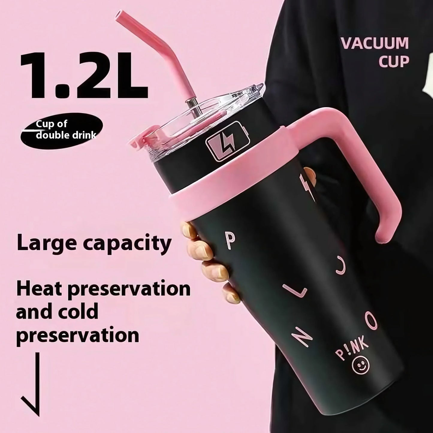 1.2L black vacuum cup with pink handle and straw for heat and cold preservation