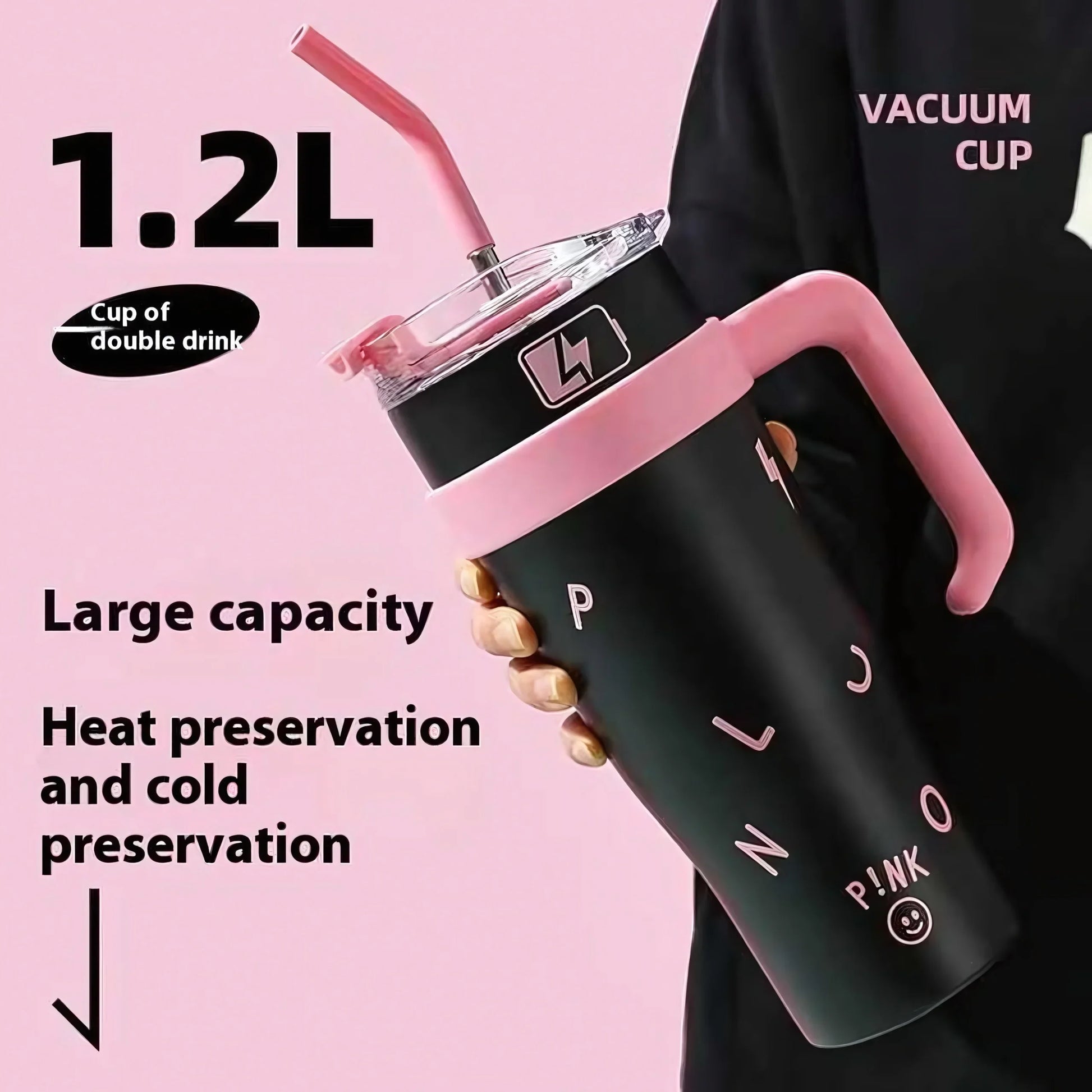 1.2L black vacuum cup with pink handle and straw for heat and cold preservation
