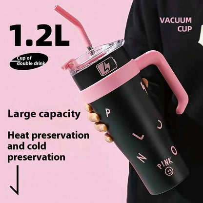 1.2L black vacuum cup with pink handle and straw for heat and cold preservation