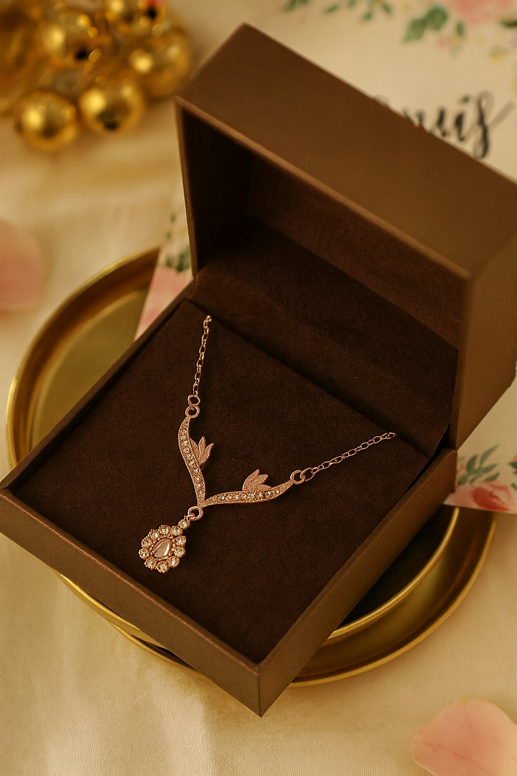 Elegant gold necklace with diamond accents in brown velvet jewelry box on gold tray
