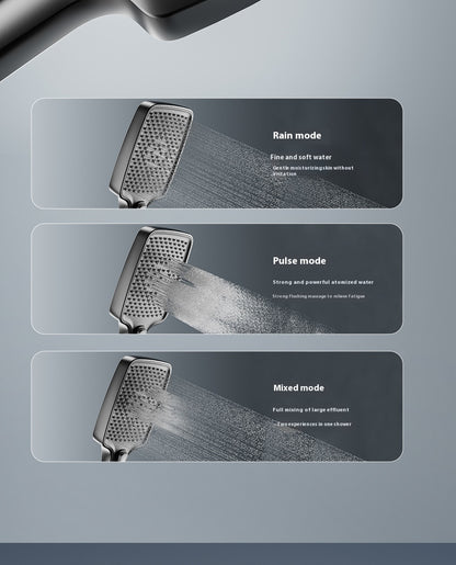 Three shower heads showing water flow in rain, pulse, and mixed modes with descriptions on a gray background