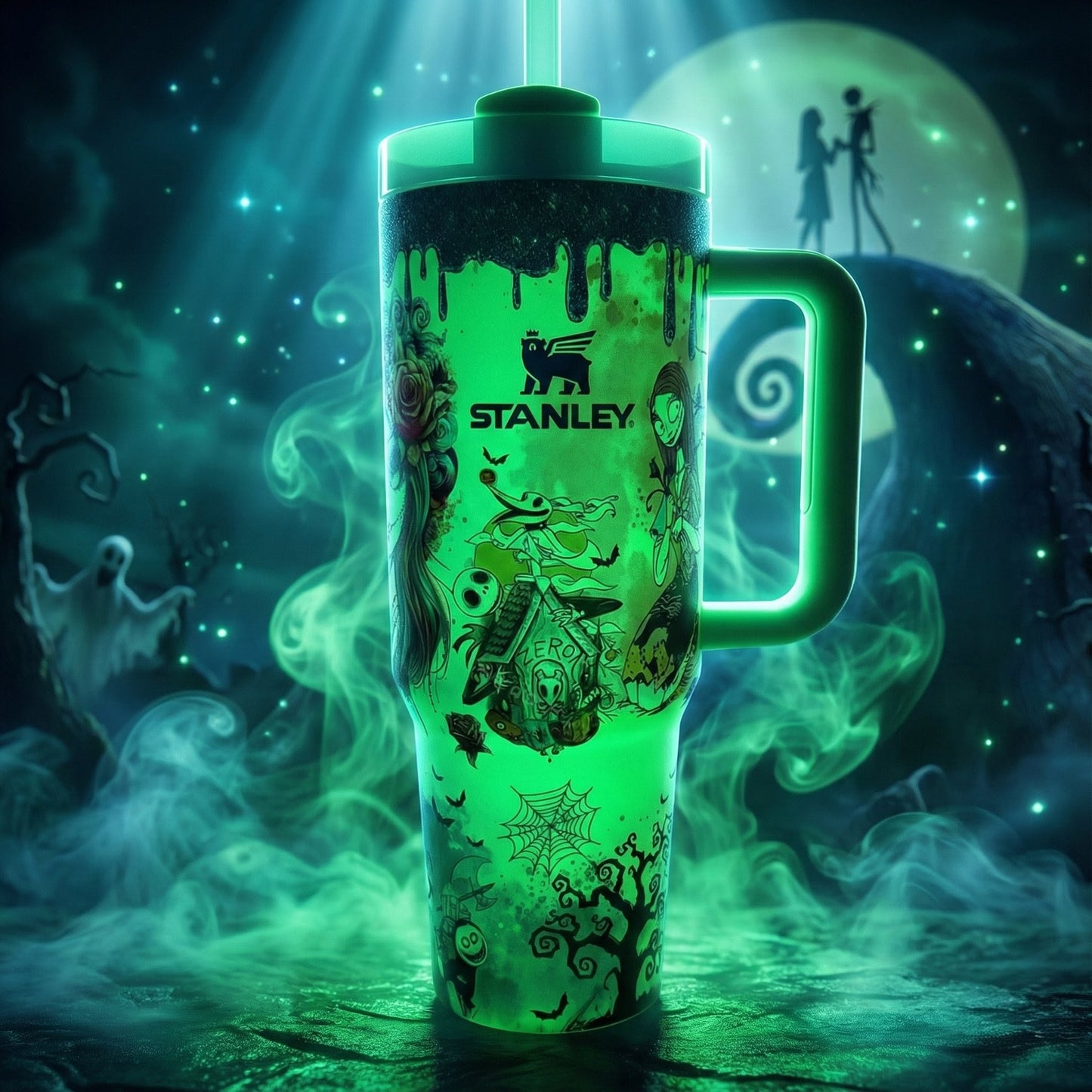 Green Stanley tumbler with Halloween-themed Tim Burton's The Nightmare Before Christmas design amid eerie mist and moonlight