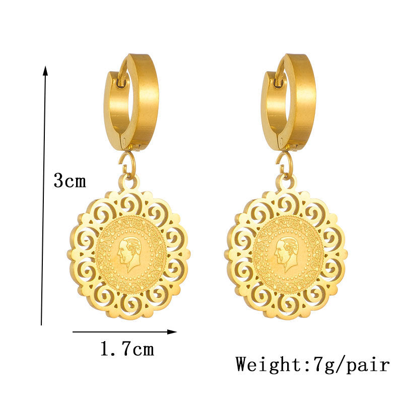 Gold-tone hoop earrings with intricate filigree coin charms, 3cm length and 1.7cm width
