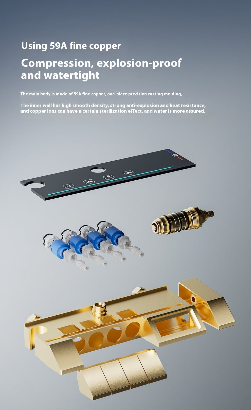 exploded view of a faucet valve assembly showing 59A fine copper components and plastic cartridges with control panel