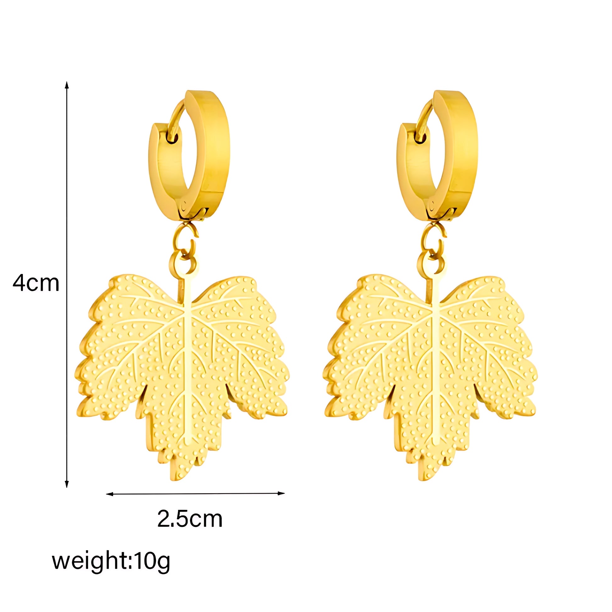 Gold-tone leaf-shaped dangle earrings with textured details, 4cm length, 2.5cm width, 10g weight