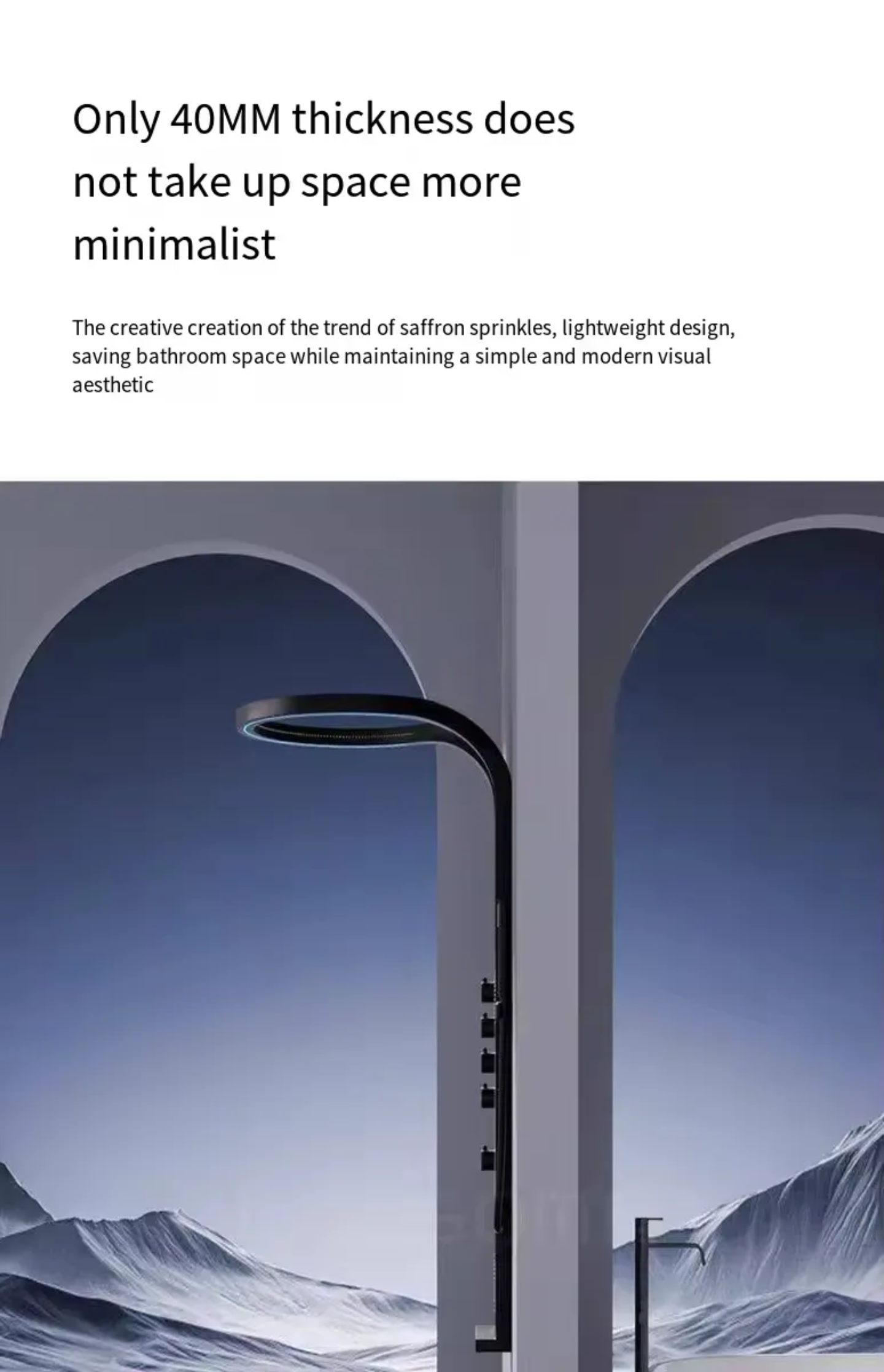 Minimalist black 40mm thick shower panel design in modern bathroom with mountain backdrop