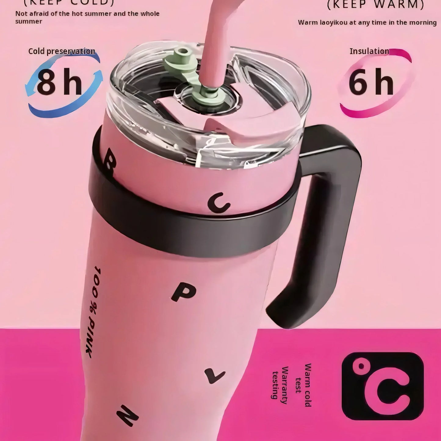 Pink insulated thermos with black handle, keeps drinks cold 8h and warm 6h on pink background
