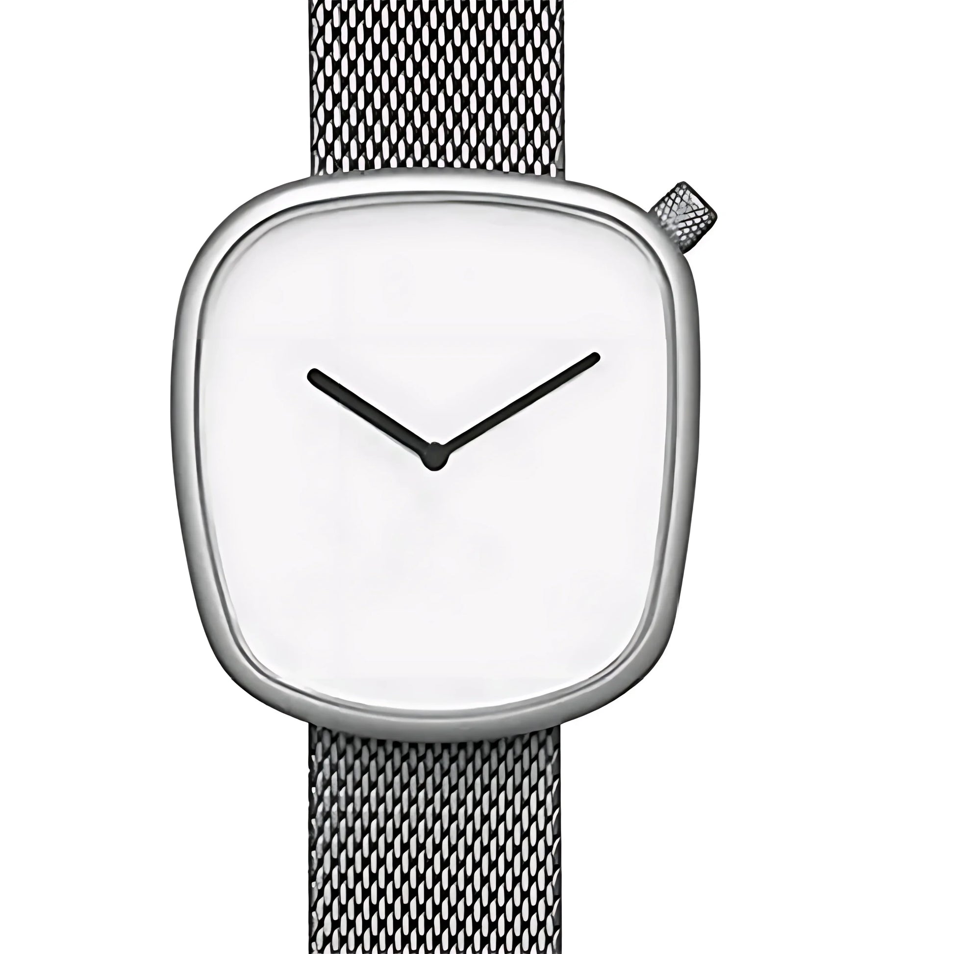 Minimalist silver wristwatch with mesh band and blank white square dial