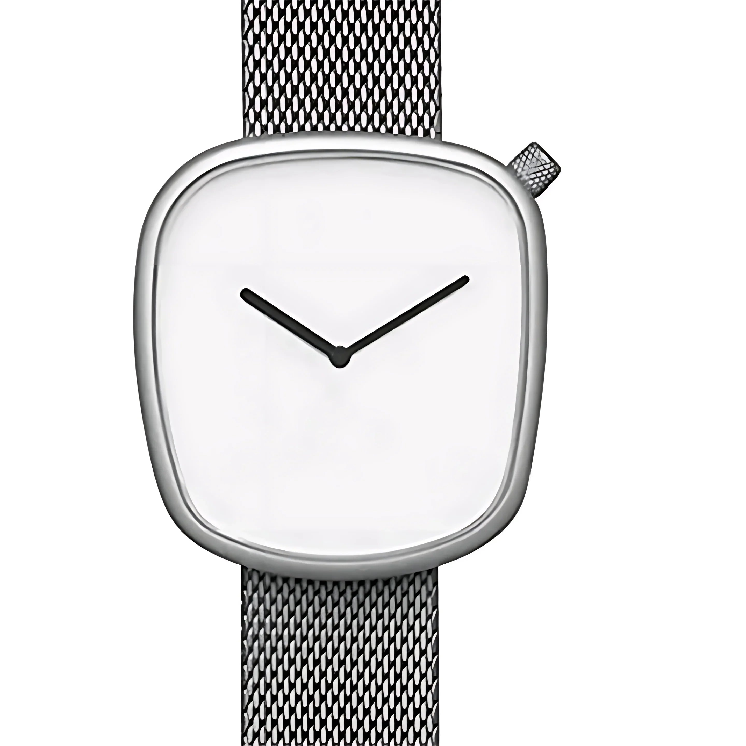 Minimalist silver wristwatch with mesh band and blank white square dial