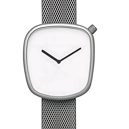 Minimalist silver wristwatch with mesh band and blank white square dial